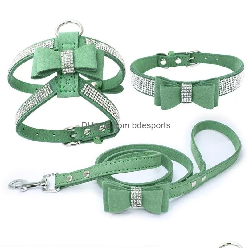 3 peices suit dog harness collar leash suit adjustable soft suede fabric shining diamonds pet vests for dogs comfort pets supplies 895