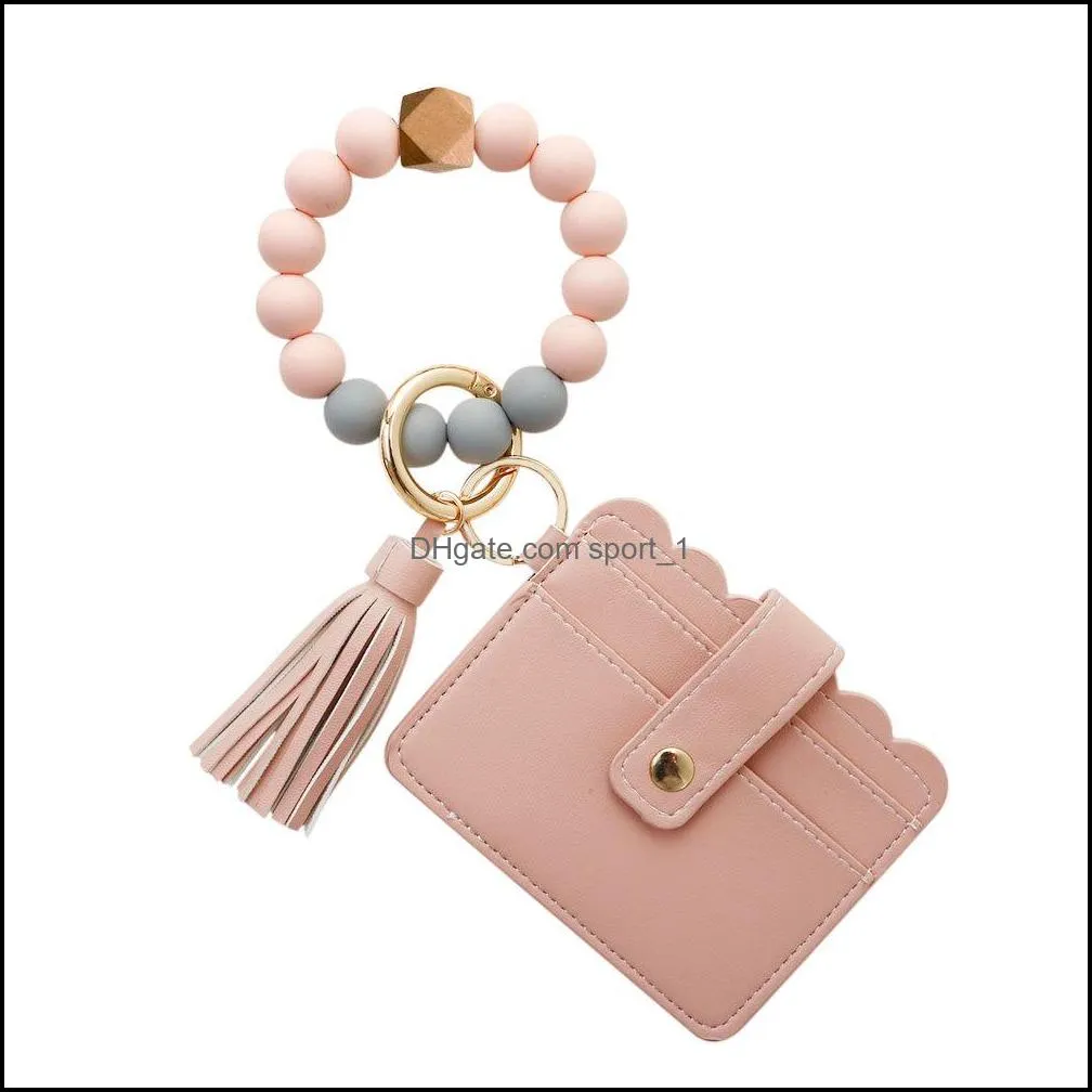 leather card bag tassel charm bracelets silicone bead wristband cuff wallet keychain for women fashion