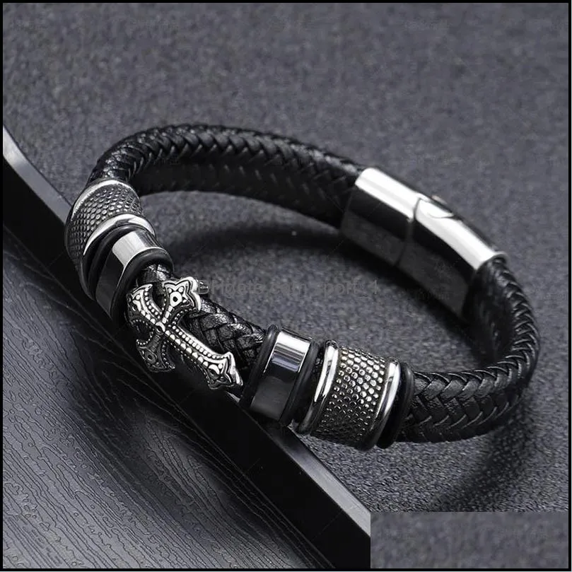 leather woven cross mens bracelet stainless steel button mens hip hop bracelets wristband bangle cuff fashion jewelry gift