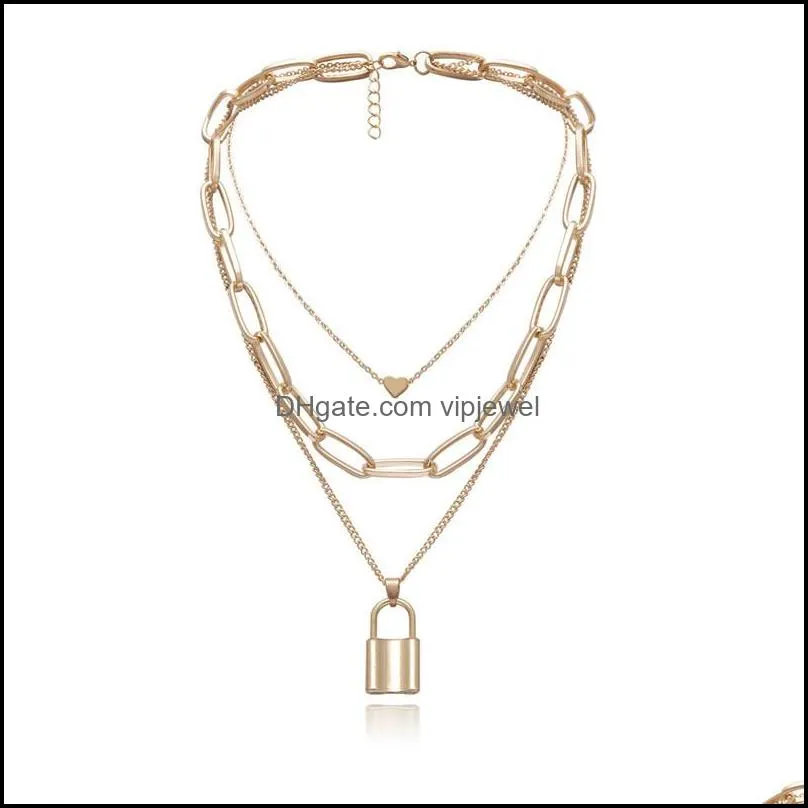 hip hop lock heart pendant necklace chokers silver gold chains multilayer wrap collar necklaces for women fashion jewelry