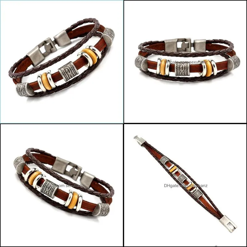 ancient silver metal bead leather bracelets multilayer wrap bracelets wristband bangle cuff for women men fashion jewelry