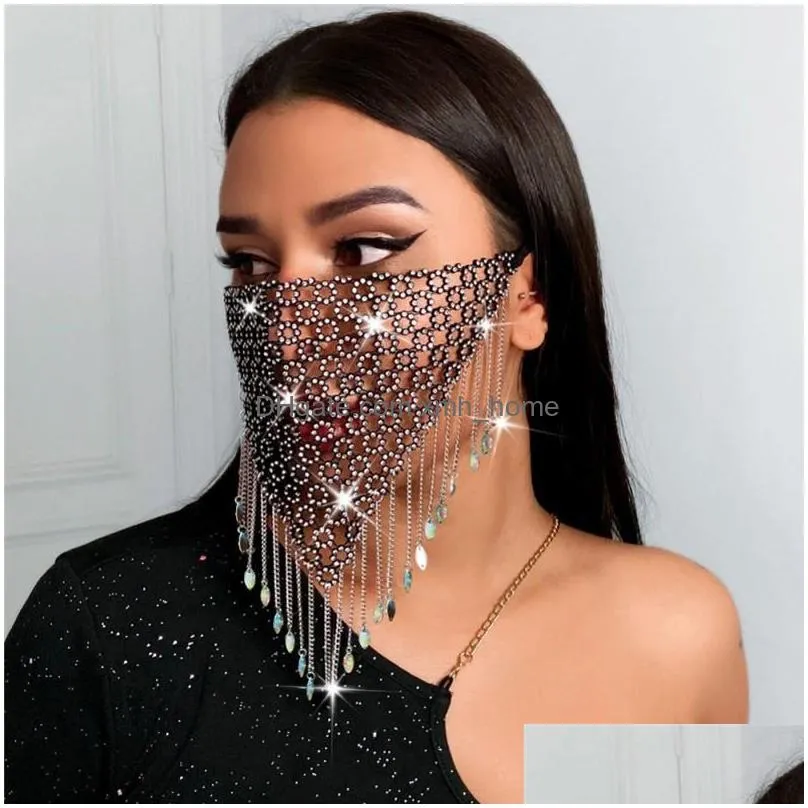 metal adjustable rope face mask weave rhinestone crystal tassels mouth cover grid women masks fashion accessories arrival 15sk g2