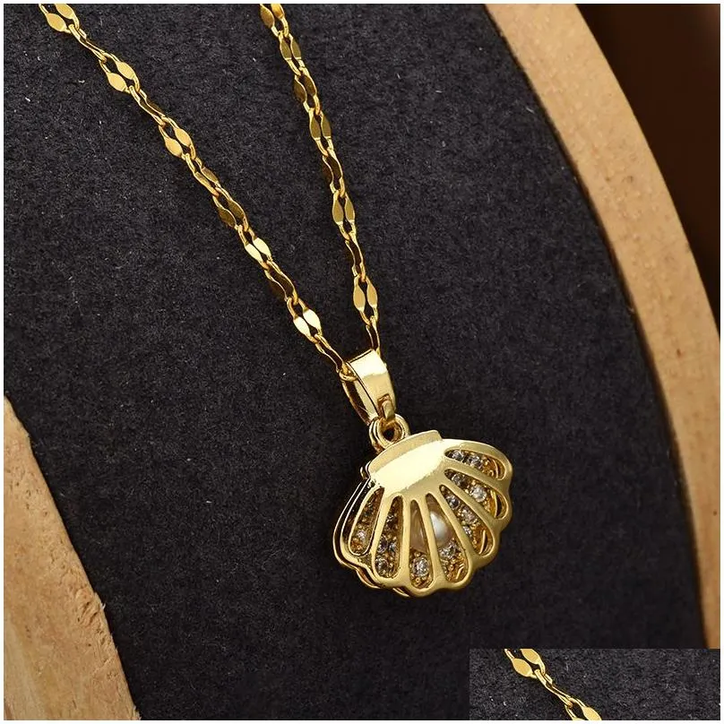 pearl seashell pendant necklace stainless steel sea shell necklaces for women fashion jewelry