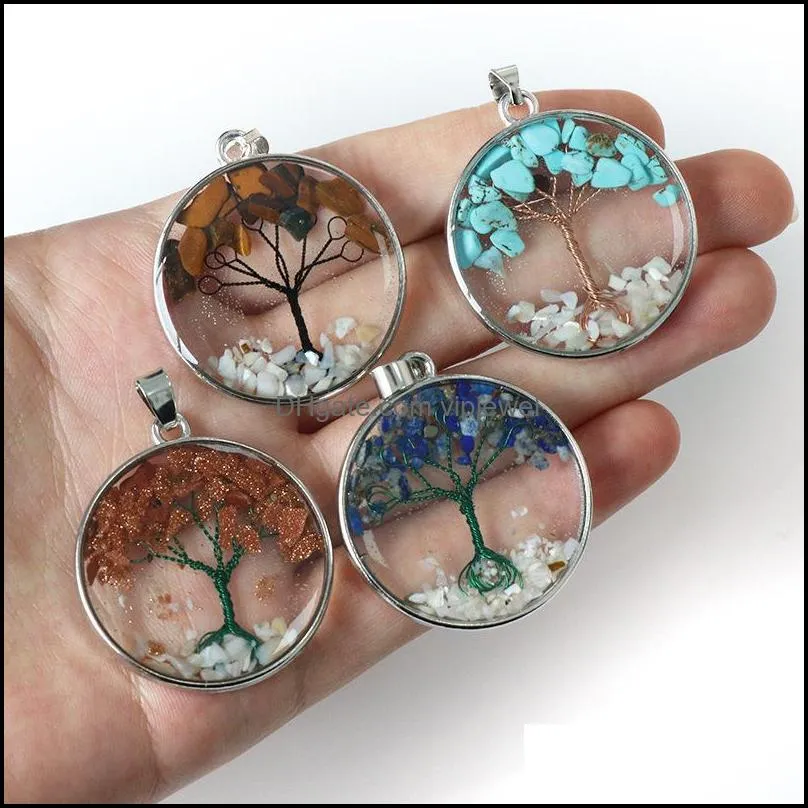 natural stone tree of life necklace pendant crystal tiger eye round glass terrarium necklaces for women children fashion jewelry