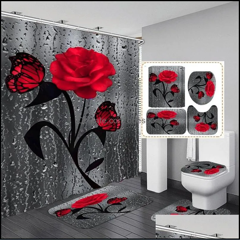 floral bath mat and 180x180cm shower curtain set shower curtain with hooks bath rugs anti skid bathroom carpet toilet foot pad bath mat 1229