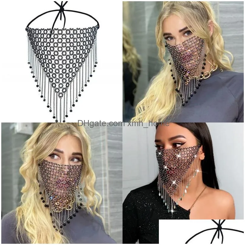 metal adjustable rope face mask weave rhinestone crystal tassels mouth cover grid women masks fashion accessories arrival 15sk g2