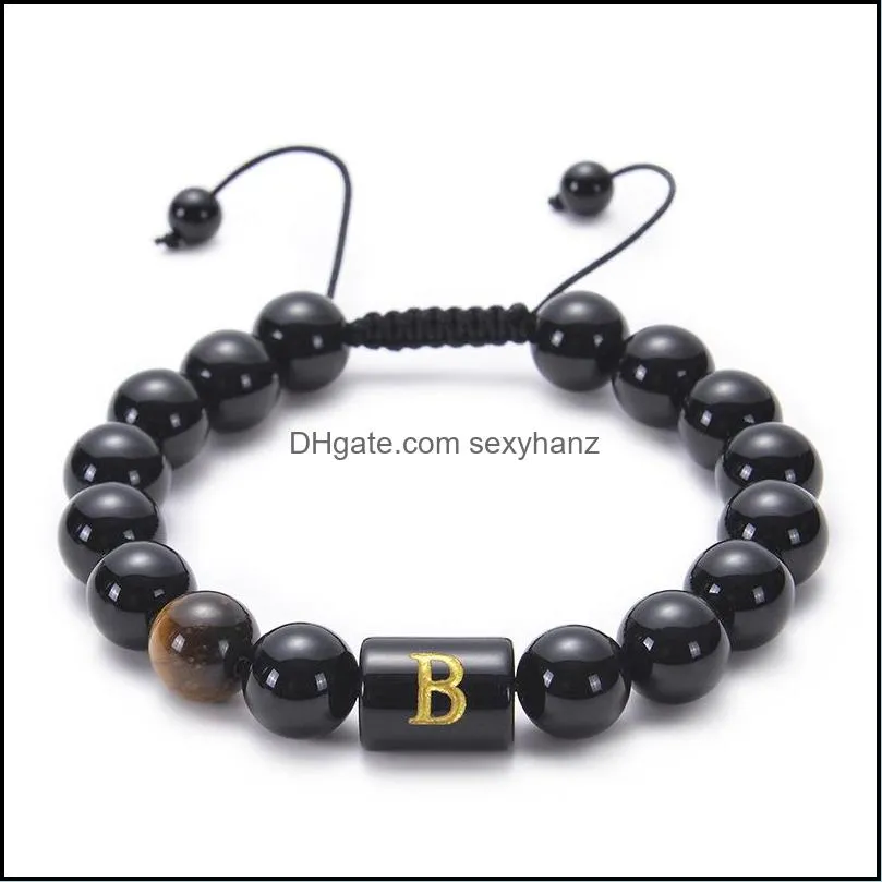 az english letter 10mm natural stone tiger eye black agate bead bracelet initial woven adjustable bead bracelets bangle cuff women men fashion