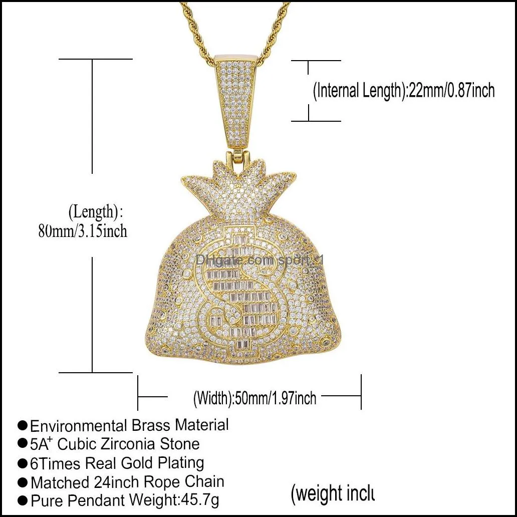 18k gold dollar sign money bag necklace jewelry set bling cubic zirconia diamond hip hop necklaces wallet pendant women men stainless steel chain