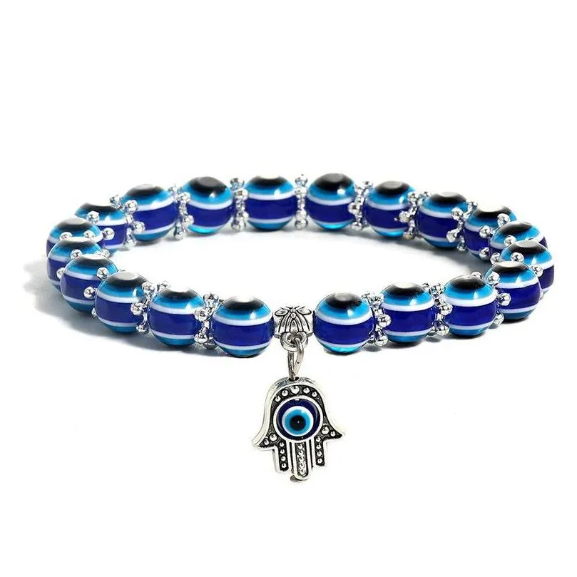 evil eye beaded strand bracelet hand of fatima turkish lucky blue eyes stretch beads bracelets 8mm/10mm bead jewelry