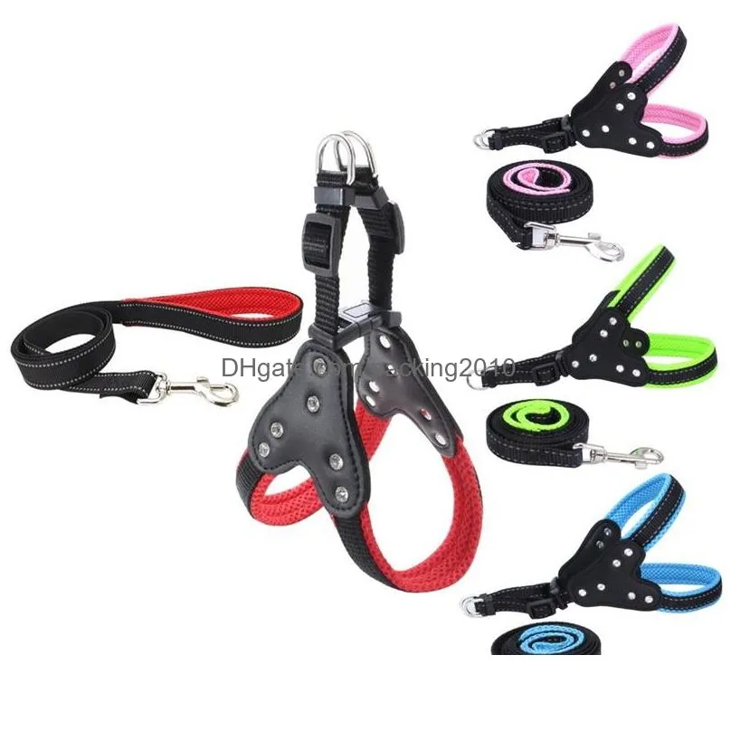 reflective nylon rhinestone dog harnesses step in soft mesh padded small dog puppy harness leash set safety for walking s m l 28 s2
