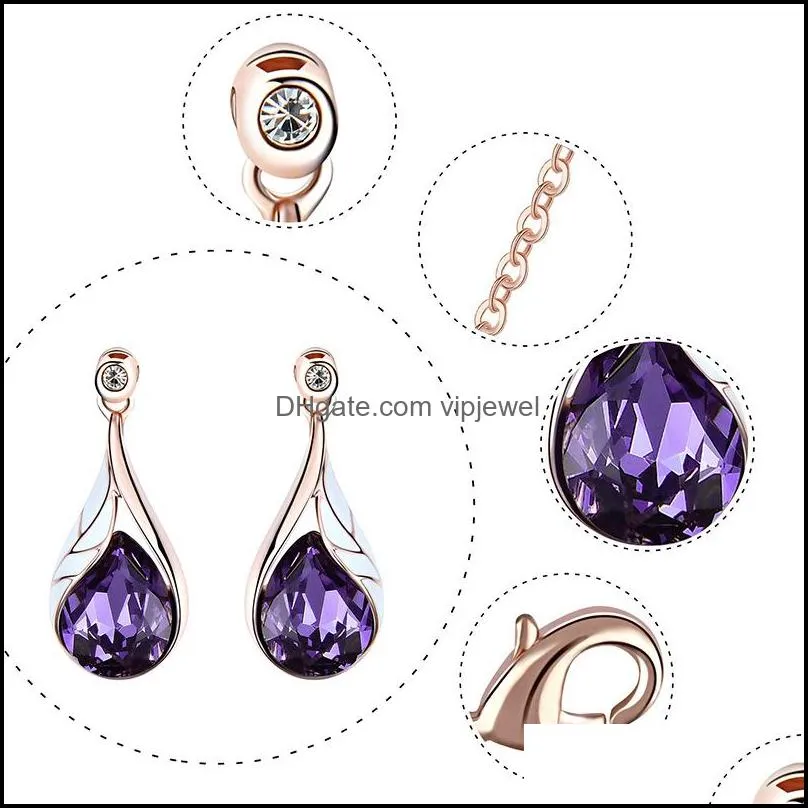 purple diamond water drop necklace earrings jewelry set for women fashion gift
