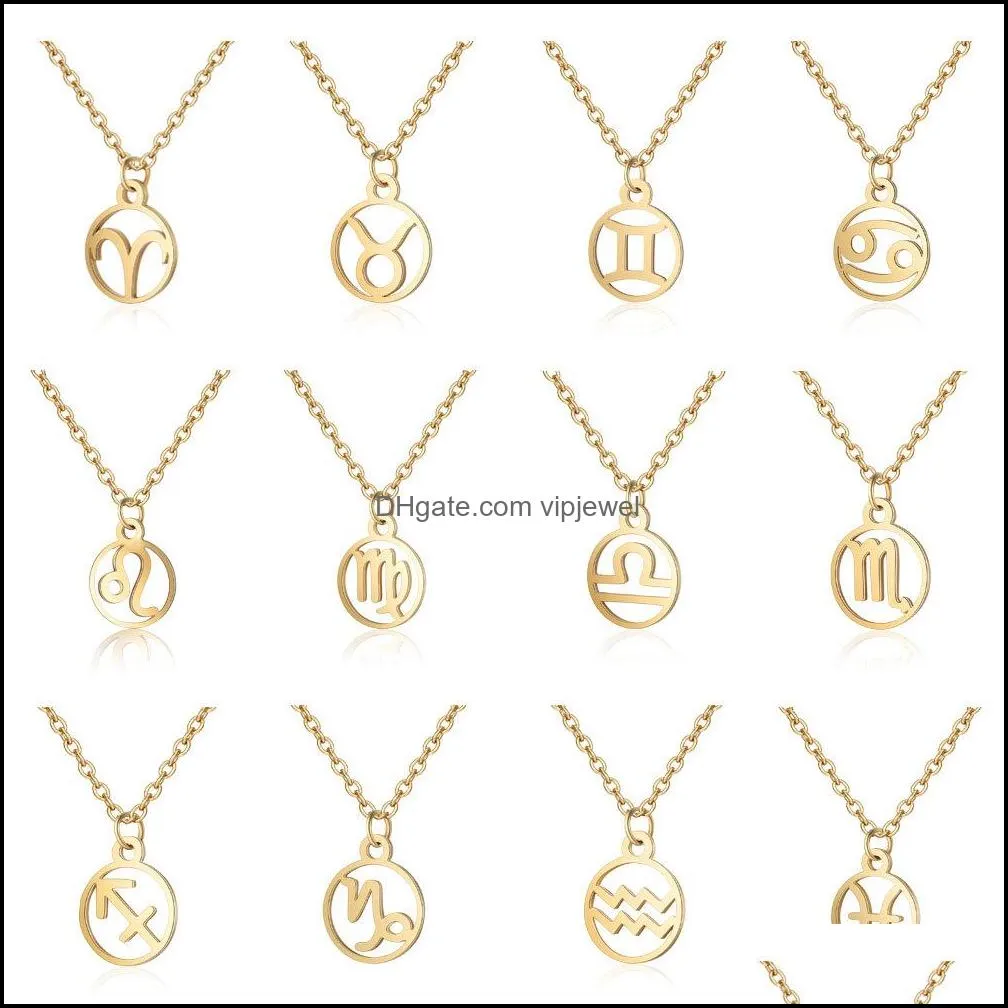 12 stainless steel constell pendant necklace silver gold zodiac horoscope sign necklace chains for women fashion jewelry virgo libra taurus