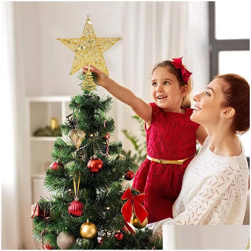 christmas decorations 1pcs metal tree topper stars hollow glitter xmas toppers for home decoration