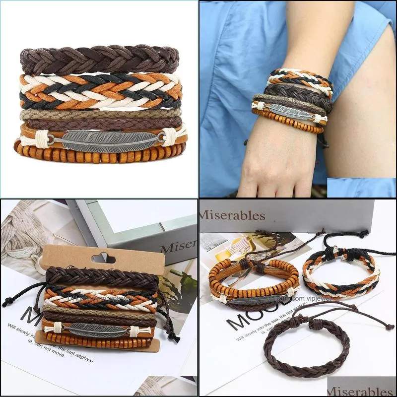 vintage braided leather bracelet multi layer wood beads charm bracelets wristband bangle cuff set women men fashion jewlery