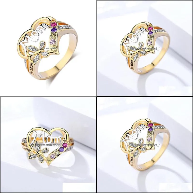 fashion crystal mom letter ring butterfly heart ring finger for mother days gift gold plated diamond band women jewelry