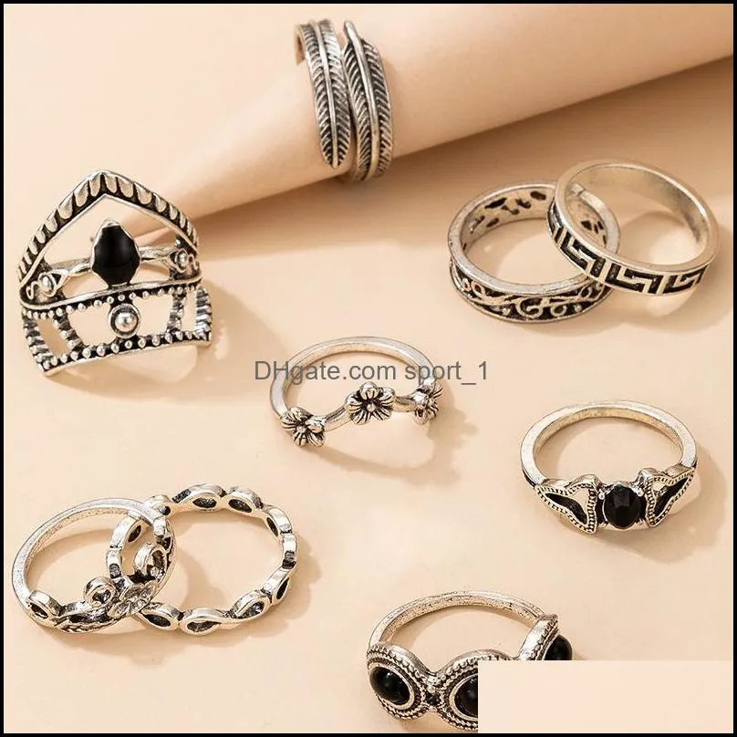 9pcs/set retro ancient silver knuckle rings flower leaf charm joint stackable ring for women girls fashion jewelry 