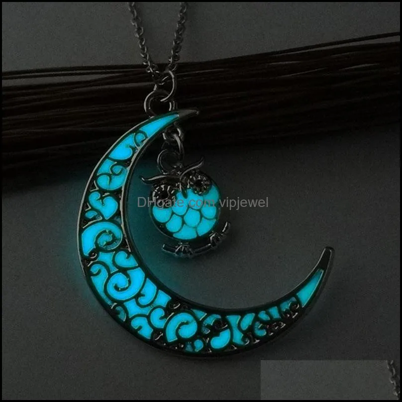 multicolor luminous owl necklace pendant moon glowing in the dark animal charm necklaces fashion jewlery for women kid gift