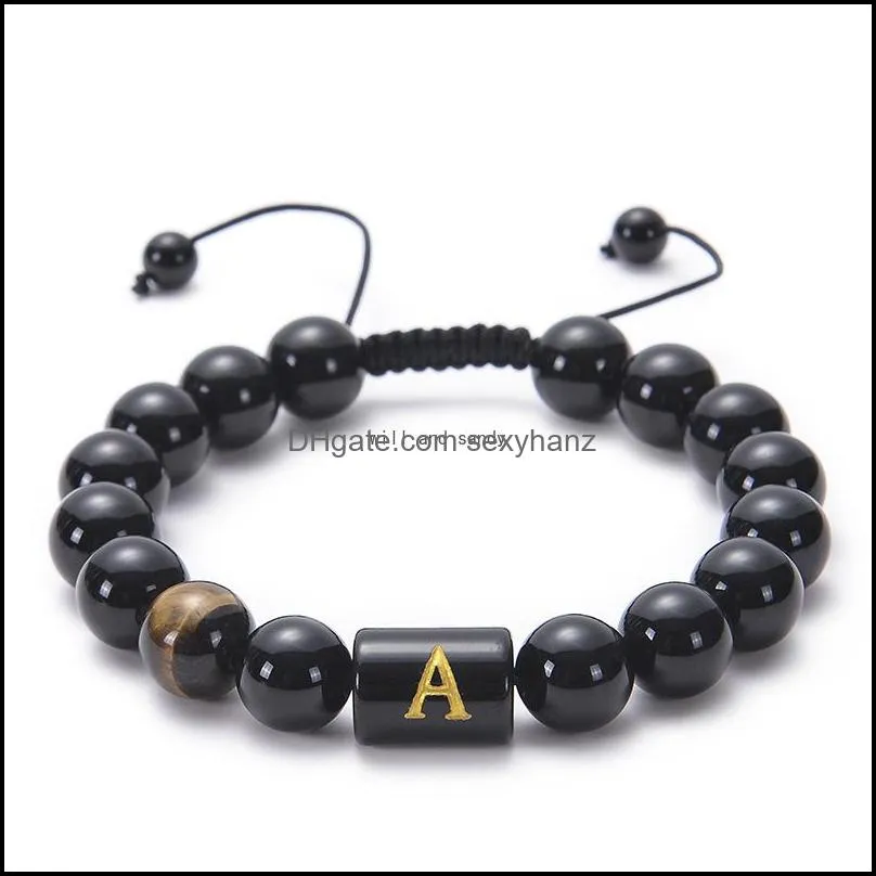 az english letter 10mm natural stone tiger eye black agate bead bracelet initial woven adjustable bead bracelets bangle cuff women men fashion