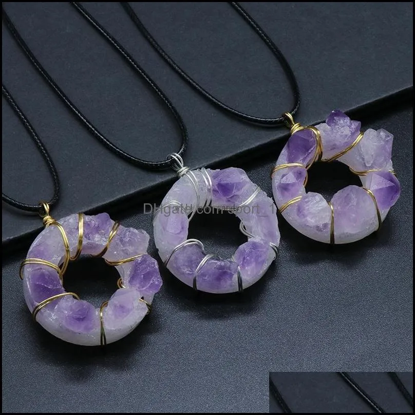 wire wrapped natural stone amethyst pendant necklace 35mm donut pendant irregular healing crystal collar necklaces for women fashion jewelry