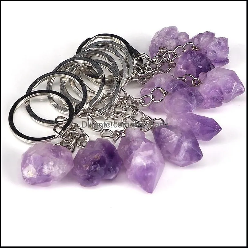 natural stone amethyst keychain rough mineral specimen single crystal irregular key ring bag hanging jewelry pendant