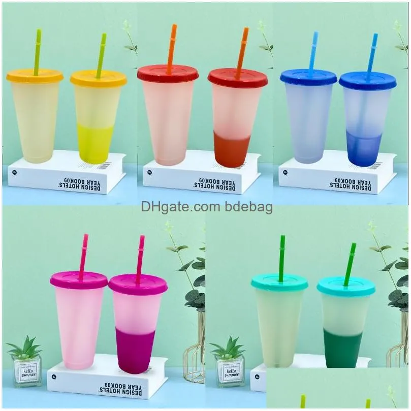 colourful plastic color changing mugs 700ml reusable plastic drinking mug 24oz temperature color changing magic pp cup lid and straw
