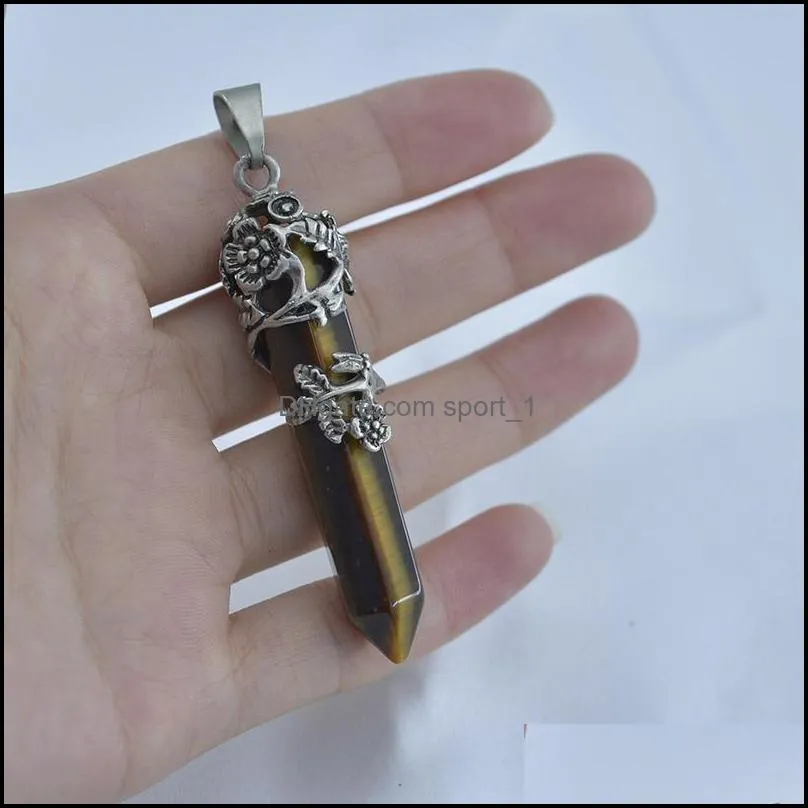 flower charm nature stone hexagon prism pendants amethyst opal quartz bullet crystal healing fashion jewelry for women men gift