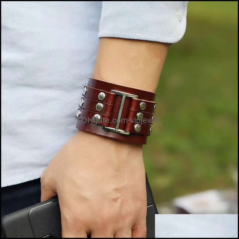 rivet wide leather bangle cuff multilayer wrap button adjustable bracelet wristand for men women fashion jewelry black