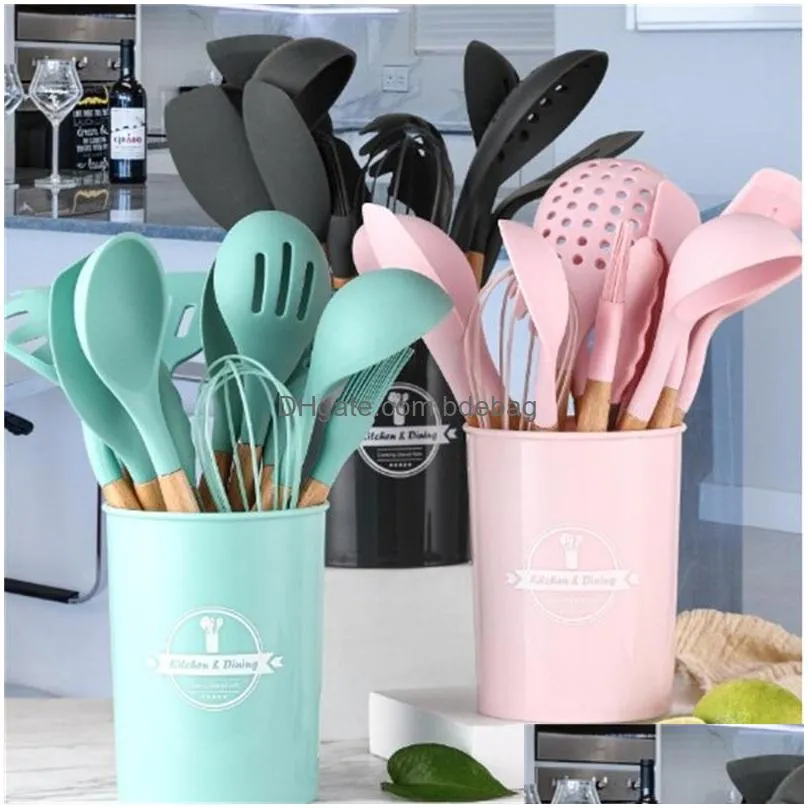 12pcs cooking utensils set kitchen tools wooden handle silicone spoon shovel storage bucket kitchenware suit multi color function 45 5bs