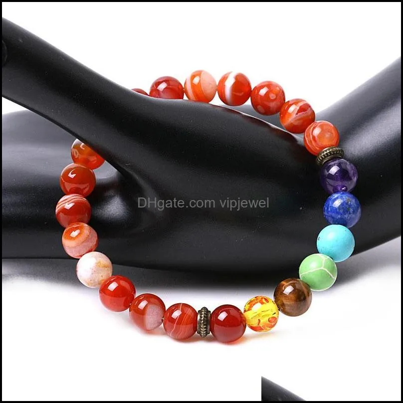 7 chakra stone bracelet strands striped red agate lotus charm buddha head volcanic stone bracelets wristband for women men fashion