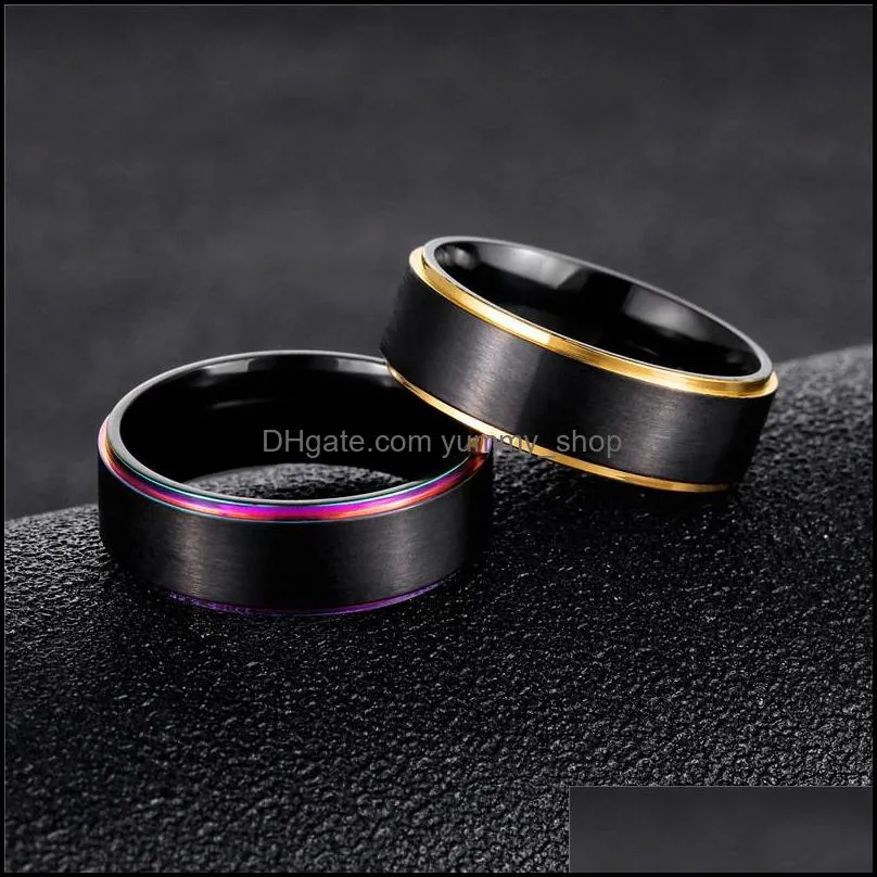 rainbow gold side brush ring band black stainless steel wedding rings fashion jewelry for women men gift