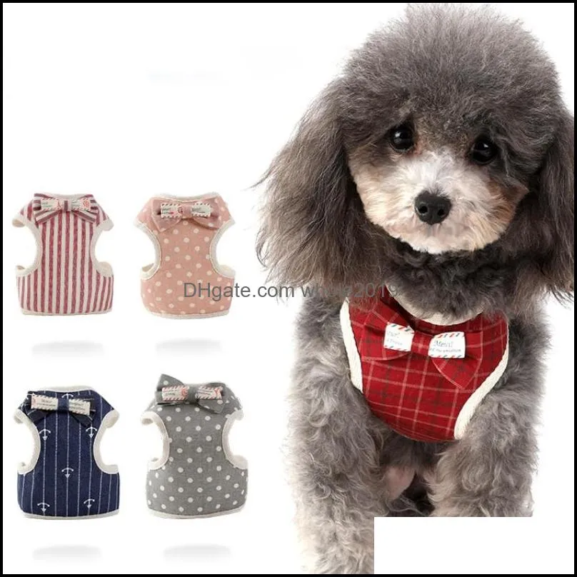 bow knot waistcoat harness leash set spot stripe check print dog collar rope pet dog supplies