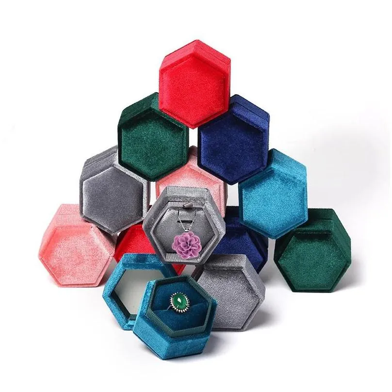 hexagonal velvet jewelry box ring pendant earring packaging gift boxes double ring storage case for proposal engagement wedding