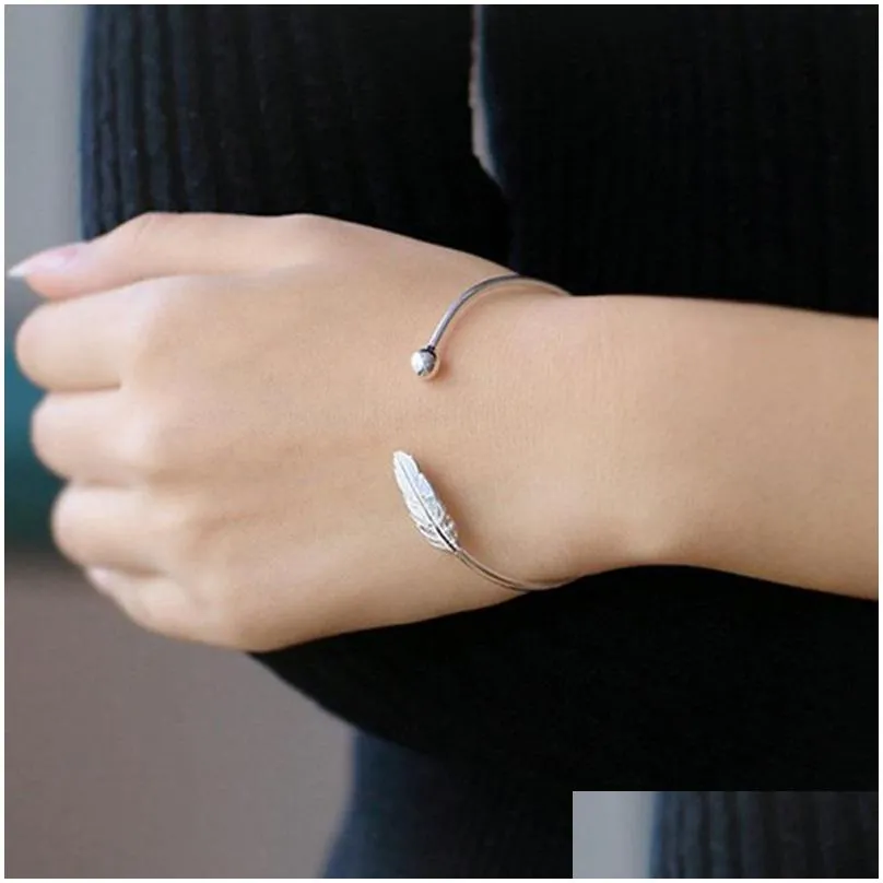 925 sterling silver bracelet feather charm bangles open adjustable cuff bangle silver plated bracelets fashion jewelry