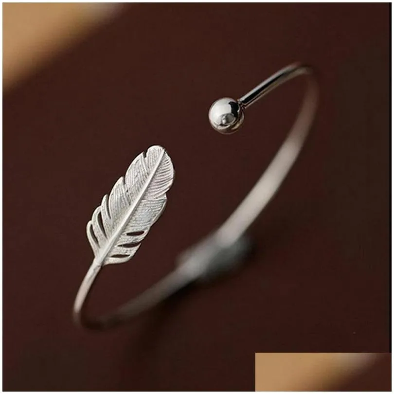 925 sterling silver bracelet feather charm bangles open adjustable cuff bangle silver plated bracelets fashion jewelry