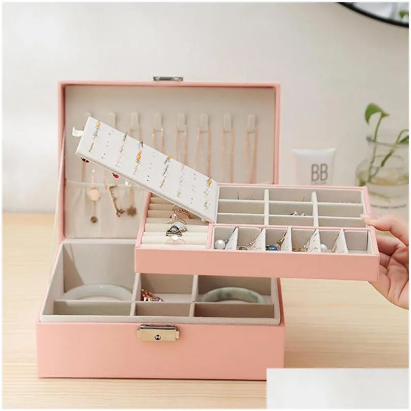 double layer jewelry box pu leather organizer display travel jewelry storage boxes case large space holder for earrings necklaces
