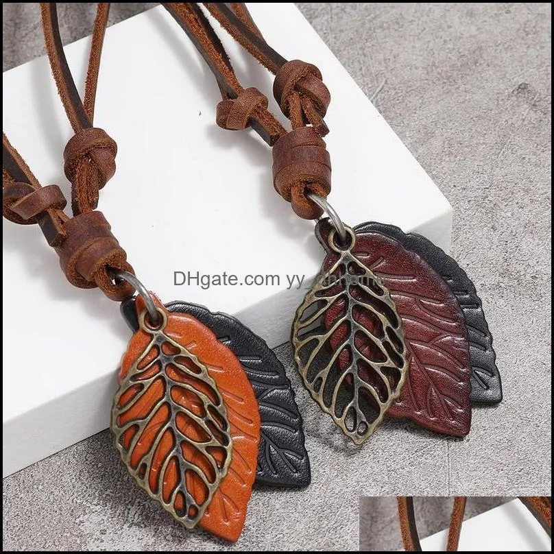 retro plant leaf pendant necklace leather leaf adjustable chain fine jewelry necklaces for women men fashion jewelry gift