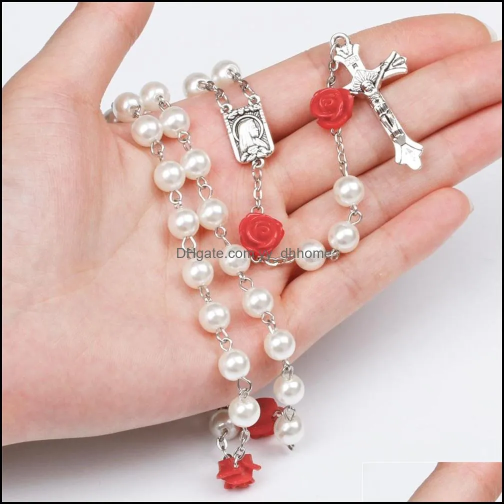 4 colors pink rose rosary madonna jesus cross necklace pendants pearl necklace fashion jewelry