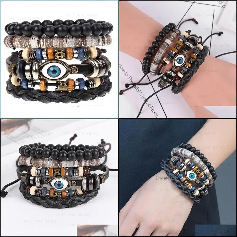 4pcs/set leather bracelets evil charm eye multilayer wrap bracelet set bangles cuff wristband men fashion jewelry gift