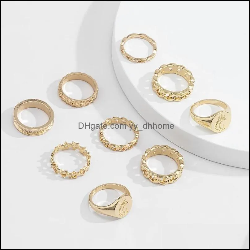 gold chain moon star ring band hollow combination joint knuckle rings set for women fashion jewelry