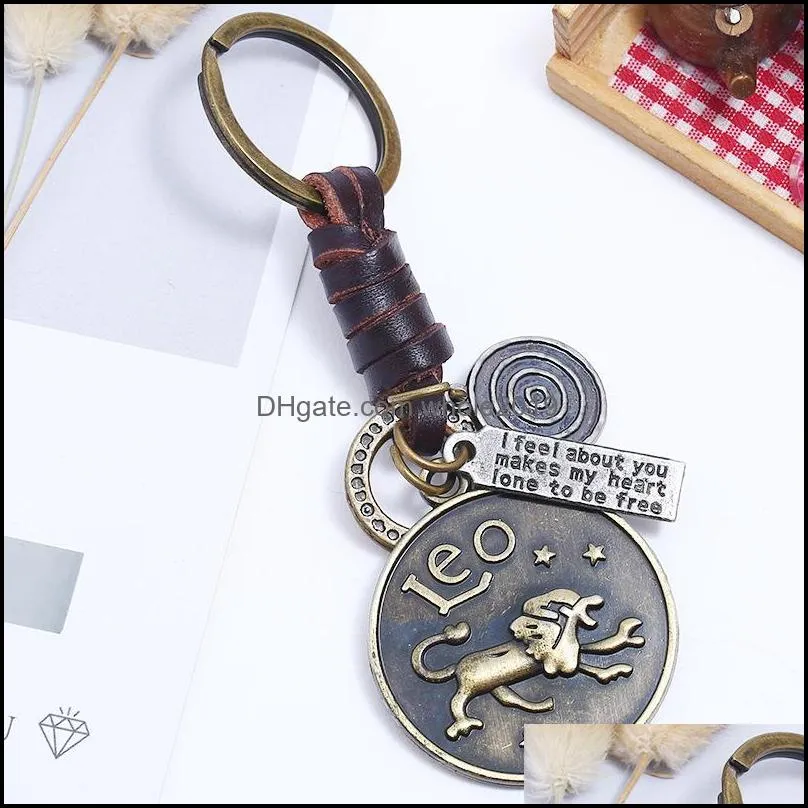 12 horoscope sign key rings keychain leather weave retro bronze constell keyring bag hangs holder for women men fashion jewelry