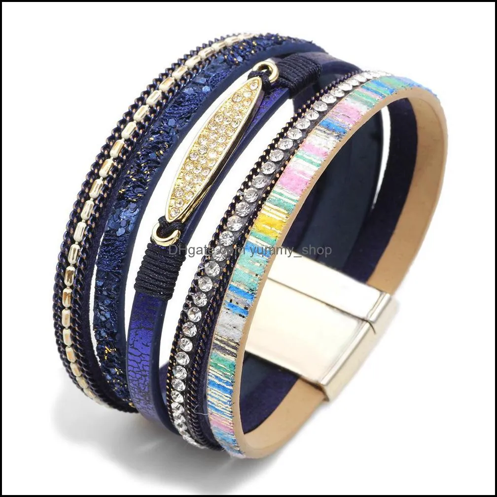 gold diamond tag multi layer bracelet charm wide magnetic buckle bracelets wristband bangle cuff for women fashion jewelry