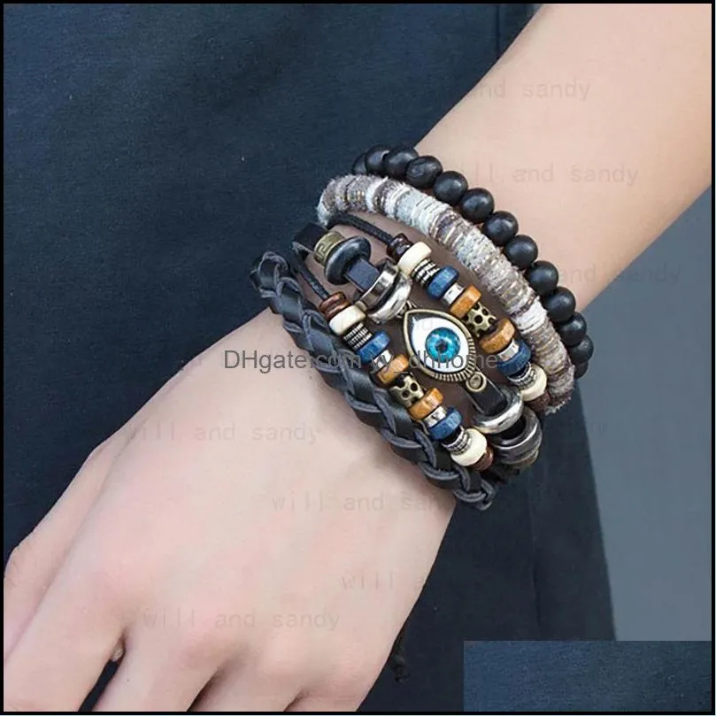 4pcs/set leather bracelets evil charm eye multilayer wrap bracelet set bangles cuff wristband men fashion jewelry gift