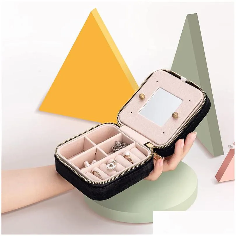 velvet travel jewelry box double layer display organizer rings earrings necklaces bracelets display case packaging with mirror for