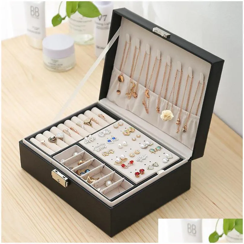 double layer jewelry box pu leather organizer display travel jewelry storage boxes case large space holder for earrings necklaces