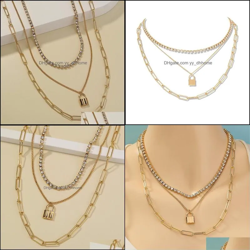 gold lock pendant necklaces multilayer stacking iced out chains chokers necklace collar for women fashion jewelry
