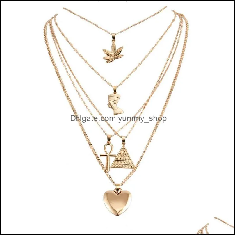 gold multilayer necklace maple leaf pharaoh pyramid heart necklace wrap necklaces pendant stackings women fashion jewelry