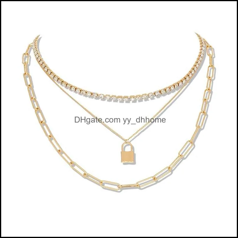 gold lock pendant necklaces multilayer stacking iced out chains chokers necklace collar for women fashion jewelry