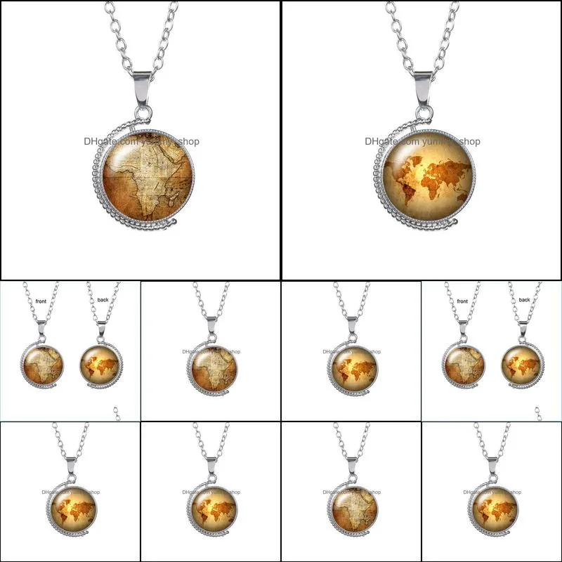 vintage kraft paper world map time gem necklace doublesided glass cabochon rotatable globe necklaces for men women children jewelry