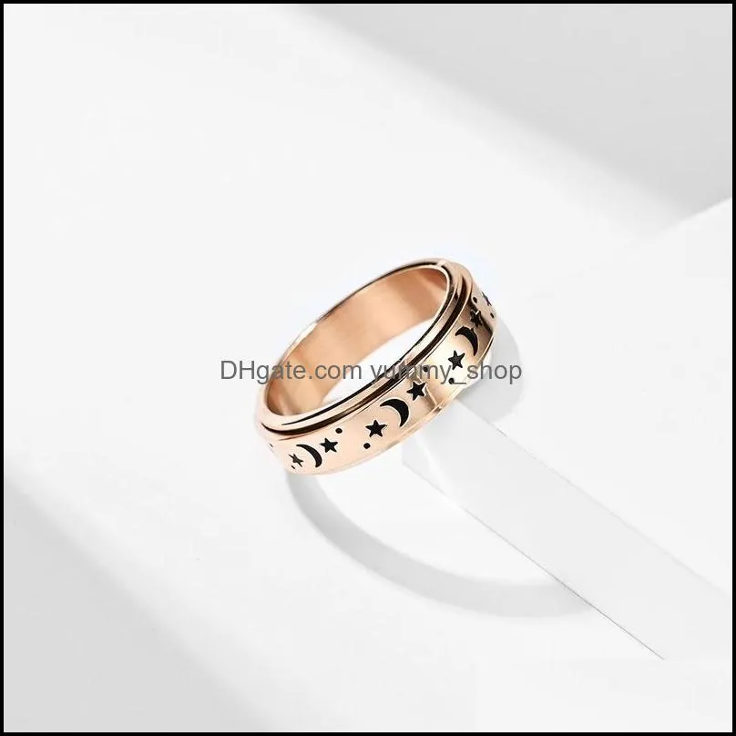 rotable stainless steal engraved star and moon ring spinner band finger for women men love rose gold relieving anxiety fashion jewelry
