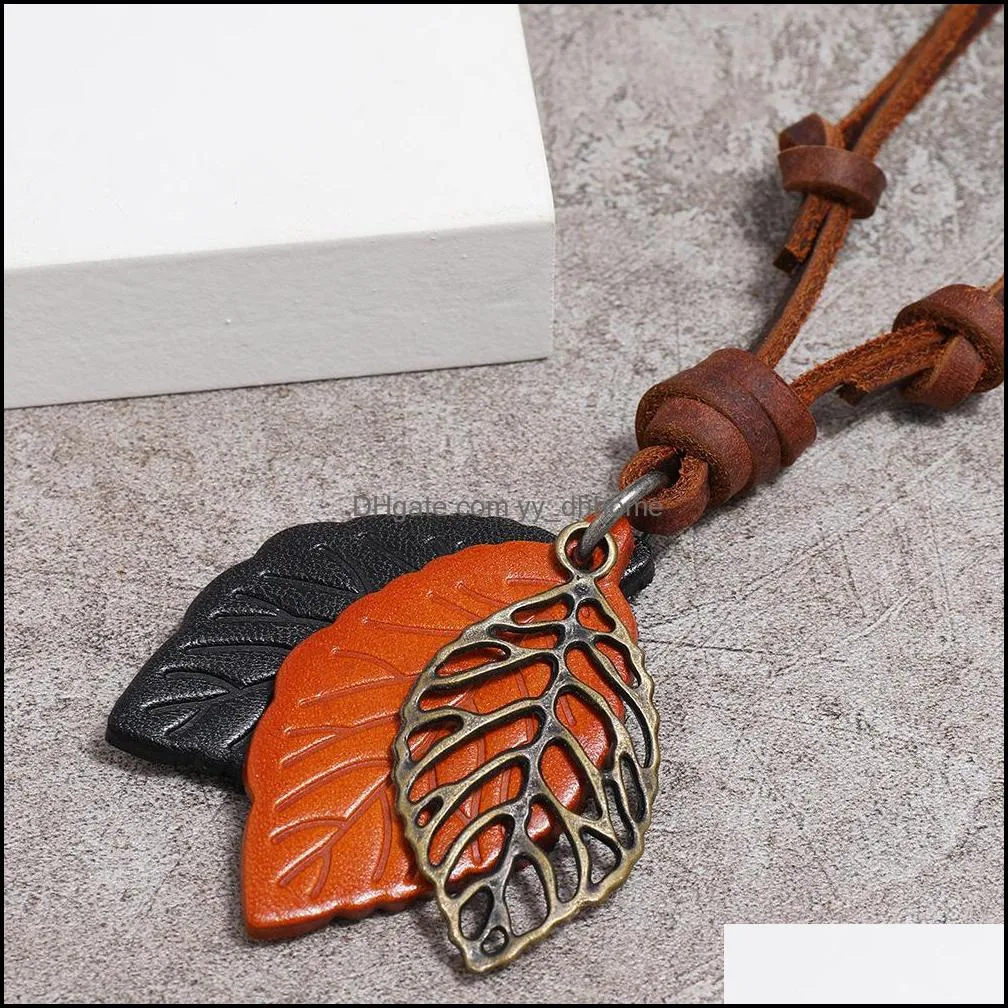 retro plant leaf pendant necklace leather leaf adjustable chain fine jewelry necklaces for women men fashion jewelry gift
